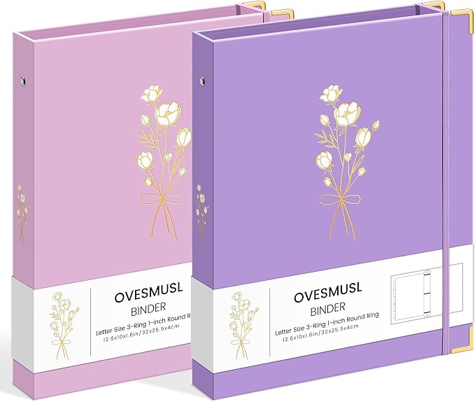 OVESMUSL Aesthetic 3 Ring Binder 1 Inch Set of 2, Decorative Hardcover Paper Binders for School, Office and Recipe Organizing, Fits 8.5 x 11 Letter Size, Purple and Pink