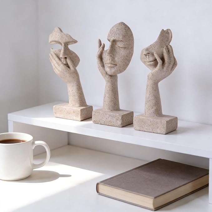 3 Pcs Thinker Statue - Resin Art Abstract Home Accent Figurines for Decor Apartment Bookshelf Floating Shelf Living Room Coffee Table Office Desk Counter Decor (3 Pcs Sandstone, 6")
