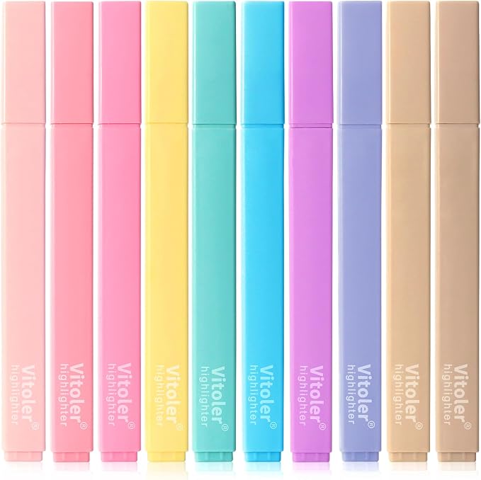 Vitoler Aesthetic Highlighters, Pastel Color, No Bleed, Chisel Tip 10Pcs | assorted color,dry fast,long lasting high for bible study,books,journal,writing,school office