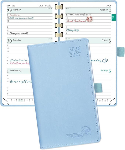POPRUN Pocket Planner 2026-2027, Small 3.5''x6.5'' Academic Pocket Calendar | Weekly Planner, Purse Calendar Book(July 2026 - June 2027) with Hourly Time Slots, Spiral Soft Cover - Blue