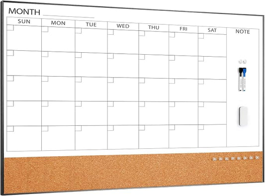ARCOBIS Large Dry Erase Calendar with Cork for Wall, 48"x 30" Magnetic Calendar Whiteboard with Black Frame, Monthly Combination Board for School, Home, Office