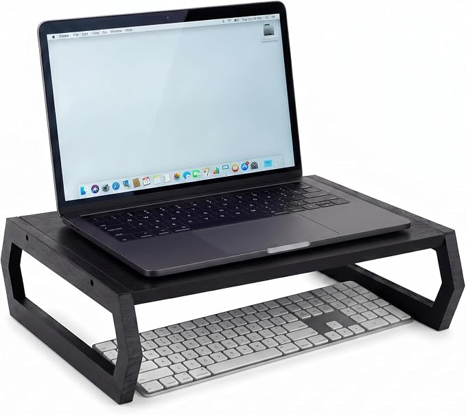 Wenqik Solid Pine Wood Laptop Riser, 14.2" Wooden Laptop Stand for Desk, Monitor Shelf with Keyboard Storage, Minimalist Desktop Organizer for Dorm Room, Home Office, Black(Hexagonal Design)
