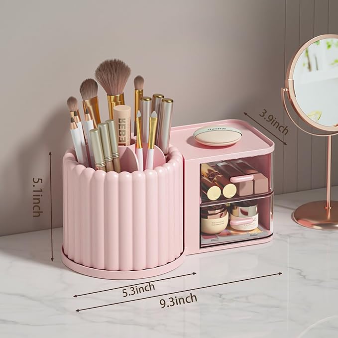 Rotating Makeup Brush Holder Organizer with Removable Dividers, Pink | 7 Slots Make Up Brush Organizer with Drawer 360 Spinning Cosmetic Storage Pen Holder for Desk, Vanity, Dresser