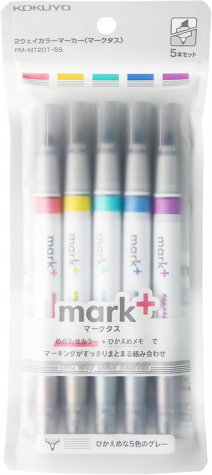 KOKUYO Pastel Highlighters, Dual-Tip Highlighter Markers for Bible in Assorted Colors, Fine & Chisel Tip No Bleed Quick-Dry for Journals, Planners, Notes, Grey Colors (PM-MT201-5S)
