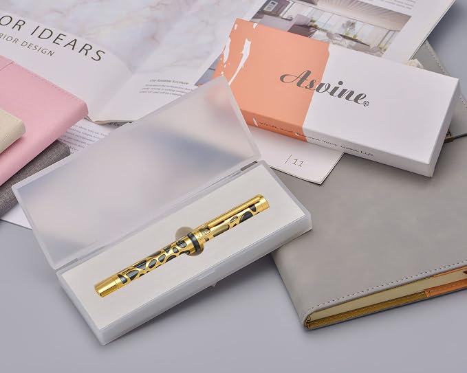 Asvine V169 Vacuum Filling Fountain Pen Extra Fine Nib, Water Drop Skeleton Gold Trim Transparent Gray Blue Acrylic Pen Case Set