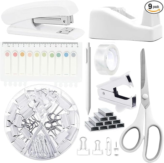 Office Supplies,White Desk Accessories,Office Supplies Set,Stapler and Tape Dispenser Set,Scissors,Staple Remover,Binder Clips,Staples,Ballpoint Pen,Index Tabs with Ruler,Clear Tape.9pcs for Office