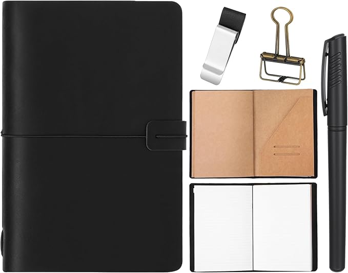 Thenshop Travelers Refillable Leather Journal Notebook Travel Diary Handmade Passport Travelers Journal for Men and Women with 3 Notebook Inserts, Pen Holder, Binder Clip(Black,A5 Size)