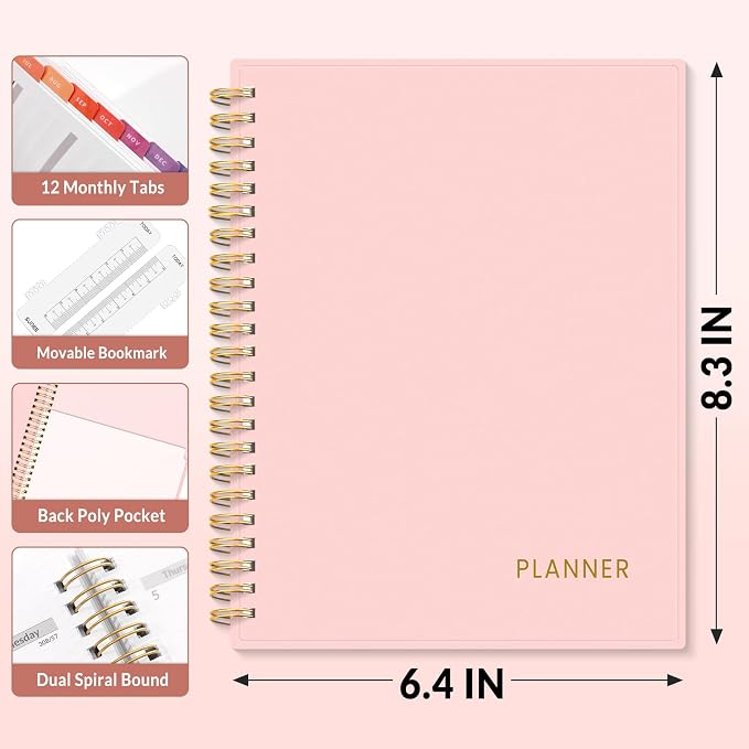 SUNEE Academic Planner 2026-2027 – Weekly & Monthly Planner, July 2026 to June 2027, 6.4"x8.3", Thick Paper, Tabs, Pockets, Bookmark, Spiral-Bound, Student Teacher Organizer, Pink