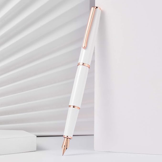 HongDian 920 White Metal Fountain Pen, Rose Gold Plated Extra Fine Nib Smooth Writing Pen, Classic Pen with Ink Converter