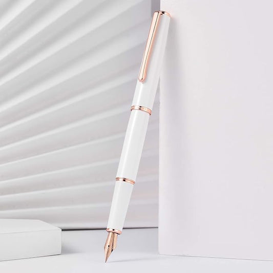 HongDian 920 White Metal Fountain Pen, Rose Gold Plated Extra Fine Nib Smooth Writing Pen, Classic Pen with Ink Converter