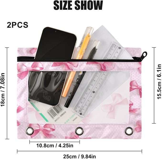 Pink Bows (1) Pencil Pouch Fits standard 3-ring binders, Zipper Binder Pencil Bag with Clear Window for Office 2 Pack