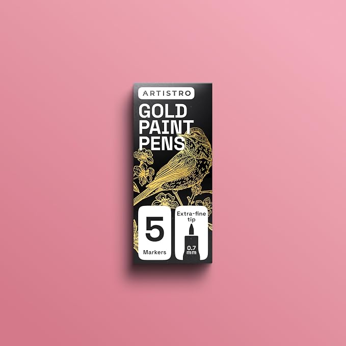 ARTISTRO Gold Paint Pens - Extra-Fine Tips - Set of 5 | Acrylic Paint Markers, Water-Based, For Rock, Glass, Ceramic, Wood, Tire, Fabric, Metal, Canvas, Marking, Painting