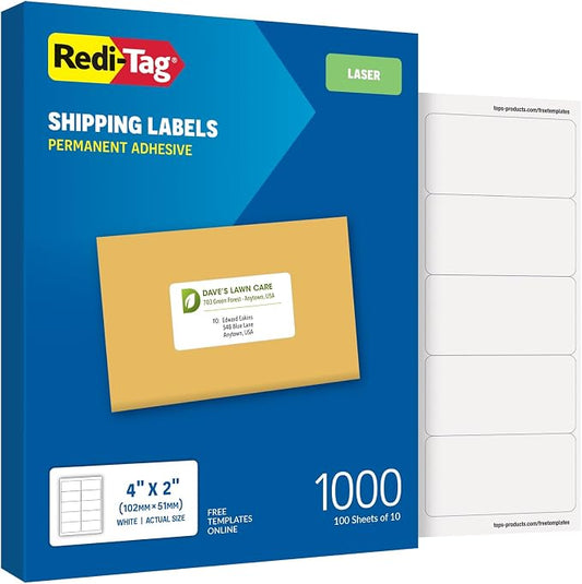 Redi-Tag 2" x 4" Shipping Labels, 1000 per Pack, White, Laser Printer Labels, Self-Adhesive, Permanent Stick, Smudge-Resistant, Perfect for Shipping, Mailing, and Warehouse Use