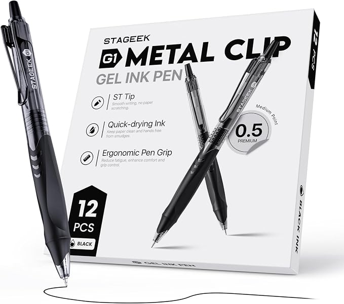 STAGEEK 12 Pack Black Gel Pens, Quick Dry Black Ink Pens, 0.5mm Fine Point Retractable Smooth Writing Pens for Journaling, Writing, Business Gel Pen for Office School & Home Supplies(Black)