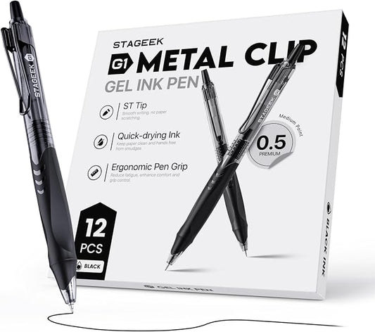 STAGEEK 12 Pack Black Gel Pens, Quick Dry Black Ink Pens, 0.5mm Fine Point Retractable Smooth Writing Pens for Journaling, Writing, Business Gel Pen for Office School & Home Supplies(Black)