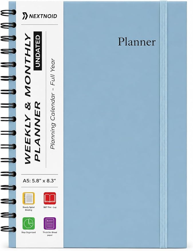 Undated Monthly and Weekly Planner - 12 Month Calendar Planner Notebook with Week Days - Hardcover Undated Planners Blank Agenda Book - A5 Blue