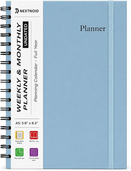 Undated Monthly and Weekly Planner - 12 Month Calendar Planner Notebook with Week Days - Hardcover Undated Planners Blank Agenda Book - A5 Blue