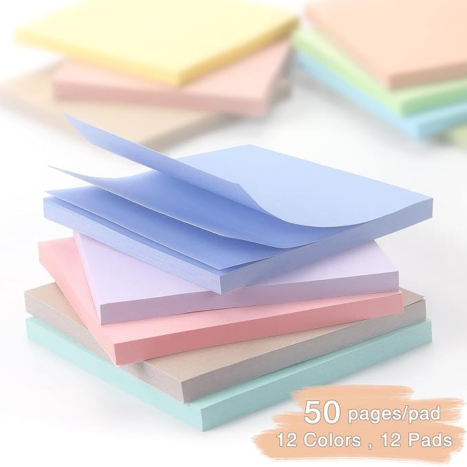 OSBOO Sticky Notes 3x3 Inch 12 Pack Pastel Colors, 50 Sheets/Pad | Soft Pastel Colors Self-Stick Notes Pads Bluk, 600 Sheets Total, Perfect for Daily Reminders, Study Notes, and Office Memos