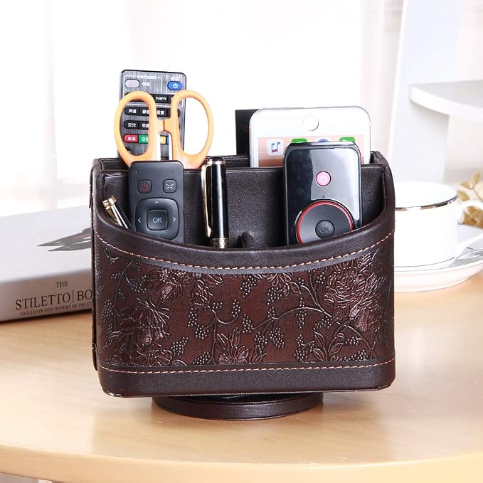 PU Leather 360° Rotatable Remote Control Holder,Nightstand TV Remote Caddy | Office Supplies Desktop Organizer,Spinning Storage Box for Pen,Mail,Phone,DVD, Blu-Ray, Media Player, Heater Controllers