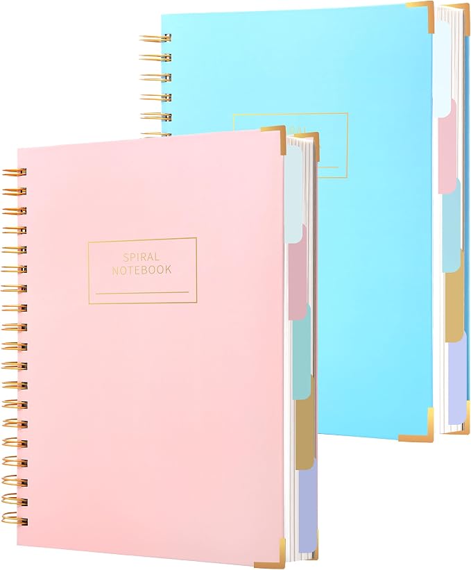 Yoment 2 Pack 5 Subject Notebook College Ruled, Hardcover Spiral Notebooks for Work School, B5 Multi Subject Notebook with Tabs Dividers, 240 Pages Lined Journal for Women Men, Pink&Blue
