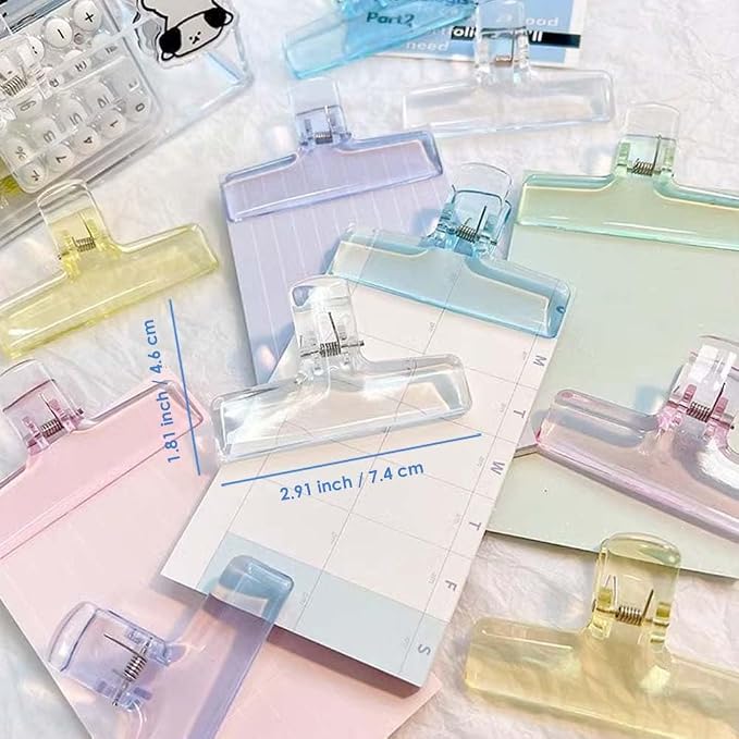 OWLFAVO 16 Pcs Clear Binder Clips, Plastic Bag Clip, Acrylic Paper Photo Food Clamps, Wide Mouth Seal Clamp, Transparent Air Tight Sealing Binders for School, Office and Kitchen Storage, 8 Colors
