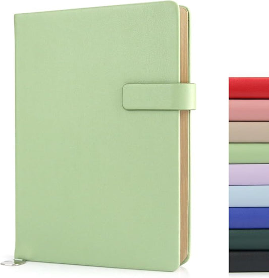 Hardcover Leather Journal Notebook A5 Lined 212 Pages 5x8.25 Inches Gold Edged Pages with Strap Closure Travel Work School Writing Journaling Notebooks for Women Men Gift Box Packaging Grass Green