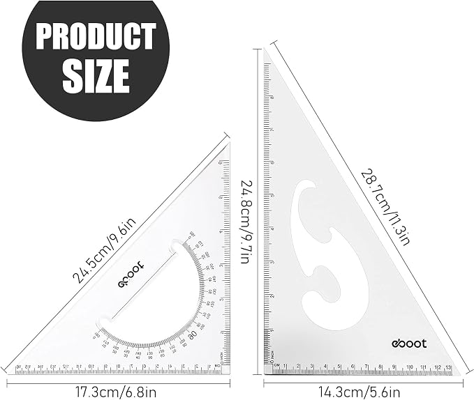 EBOOT 2 Pack Large Transparent Triangle Ruler Set Square Plastic, 30/60 and 45/90 Degrees Angle Drafting Quilting Drawing Tool School Classroom Office Triangular Rulers(Clear)
