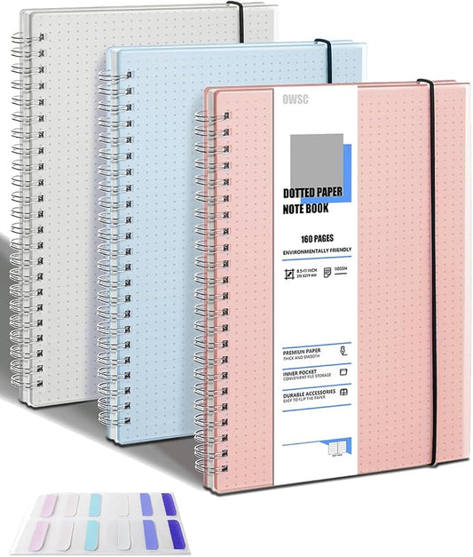 OWSC 3 Pack Dotted Spiral Notebook, Hardcover Notebooks for Work A4 Dot | 5.9 x 8.3 IN Notebooks College Ruled for Note Taking, School and Journal with 80 Sheets/160 Pages 110 GSM Thick Papers