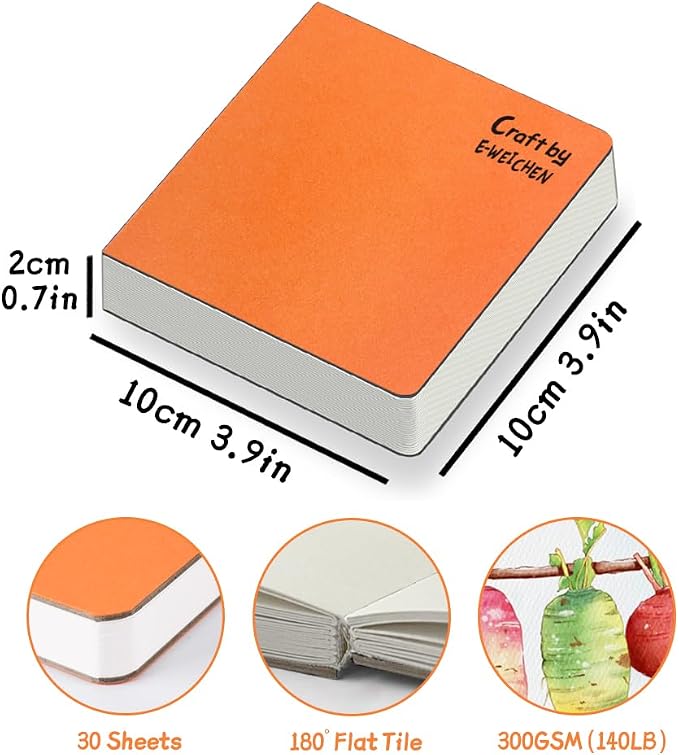 Watercolor Paper Sketchbook,3.9x3.9 Inch Mini Mixed Media Notebook,140lb/300gsm Artist Heavyweight Paper,30 Sheets Small Travel Drawing Journal for Adults,Painting,Watercolors,Art Supplies,Orange