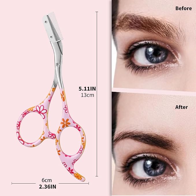Eyebrow Trimmer With Comb Facial Grooming Scissors Kit Professional Precision Eyebrow Trimmer Stainless Steel Eyebrow Trimmers Scissors with Combs Perfect For Gifts for Men and Women (Pink)