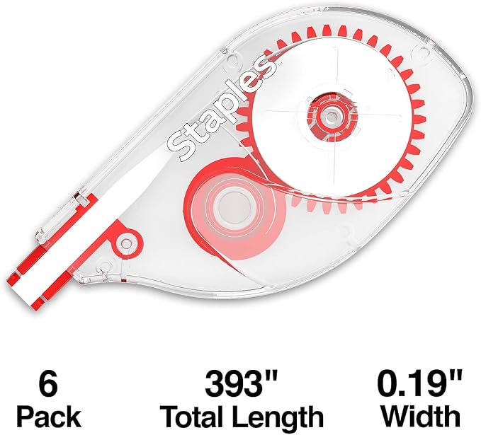 STAPLES Correction Tape, Easy Sidewinder Applicator for Instant Corrections, 6-Pack, White