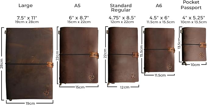 Wanderings A6 Travelers Notebook/Handcrafted Genuine Leather Journal - 11.5 x 15.5 cm - This Small Refillable Travel Journal is Rugged Enough to Capture All Life's Adventures. 100 GSM Blank Inserts