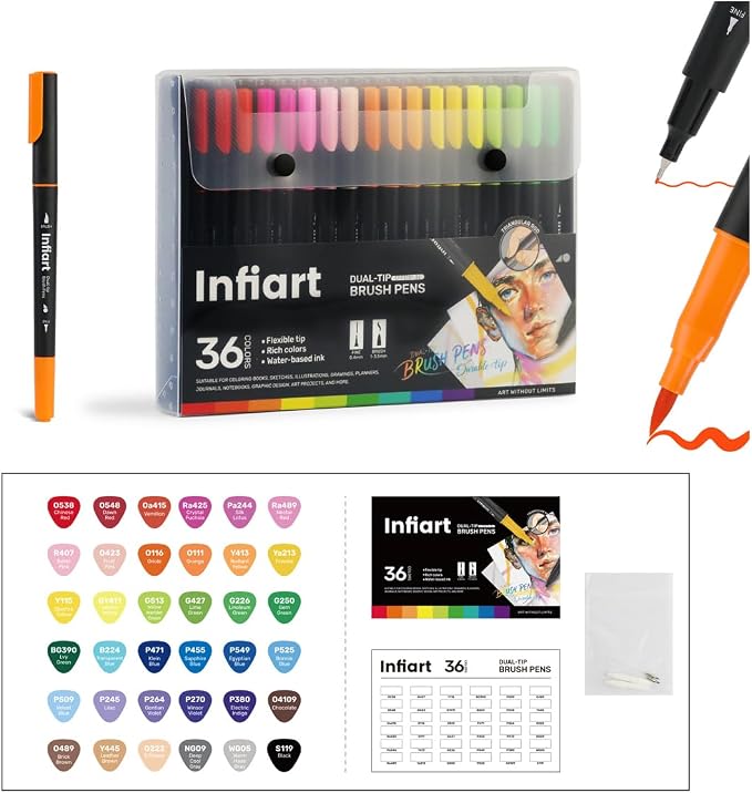 36 Colors Dual Tip Brush Pens, Water-Based Markers with Fine Tip and Brush Tip, Non-Toxic Art Supplies for Adult Coloring Books, Calligraphy, Sketching, Journaling, Drawing