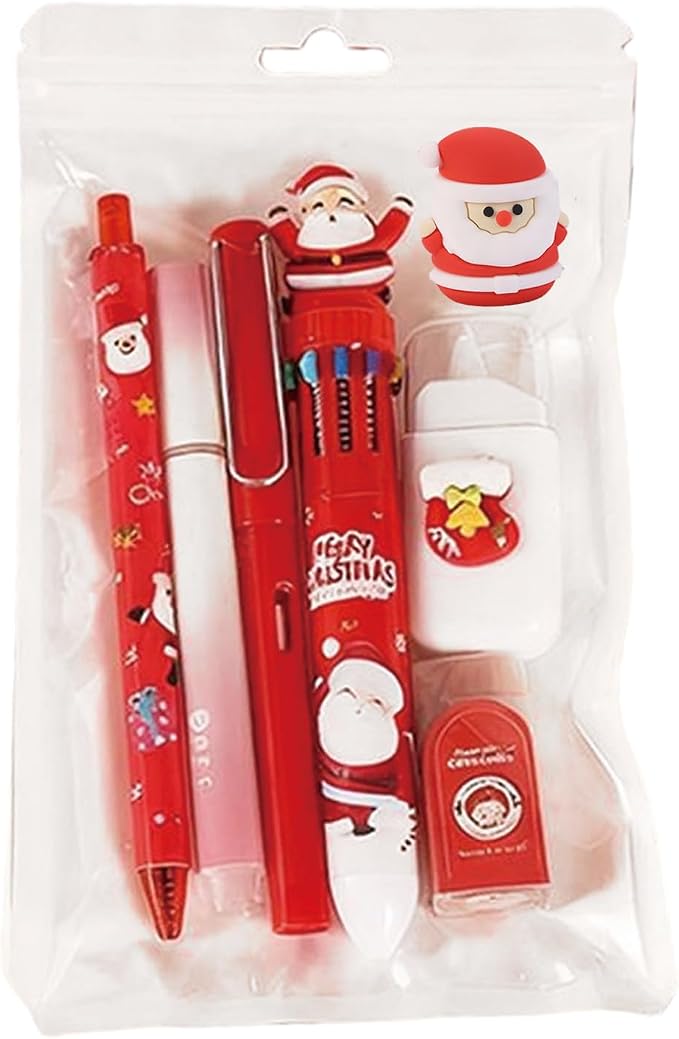 7 Pcs Cute Xmas Stationery Set Kawaii Christmas School Supplies Office Supplies Including Ballpoint Pens Pencil Sharpener Highlighter Correction Tape Eraser (X-mas(Red))