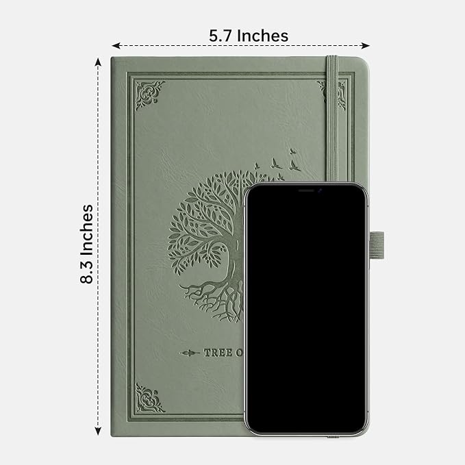 AHGXG Lined Journal Notebook, 192 Numbered Pages, A5 Size (5.7'' x 8.3'') | College Ruled Notebook for Men & Women, Writing, Work & Office, Leather Hardcover, 100 GSM Thick Paper (Light Green)