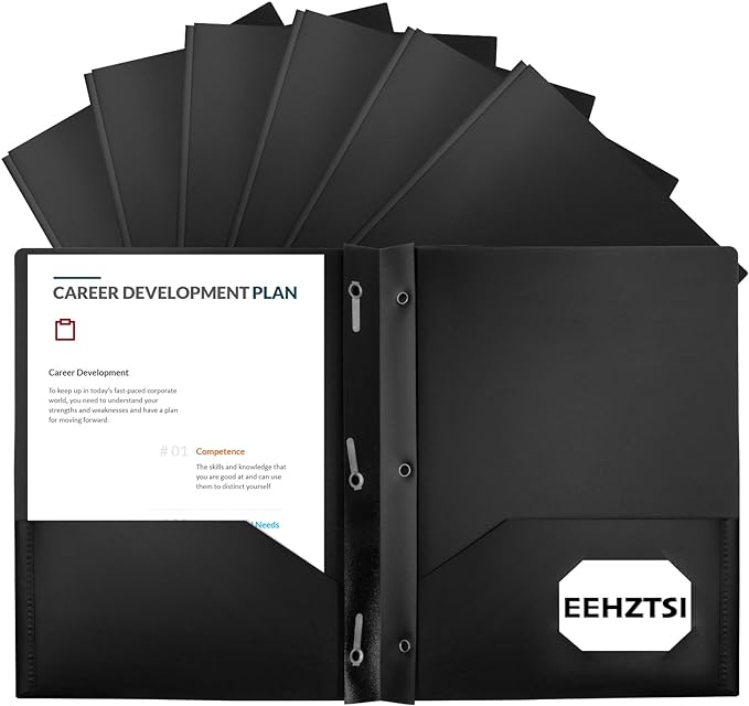 12-Pack Plastic Folders with Pockets and Prongs, 2-Pocket Poly Folders with 3 Fasteners Hold 8-1/2" x 11" Paper for School/Office/Home, Black