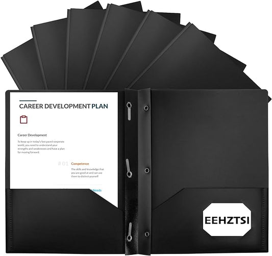 12-Pack Plastic Folders with Pockets and Prongs, 2-Pocket Poly Folders with 3 Fasteners Hold 8-1/2" x 11" Paper for School/Office/Home, Black