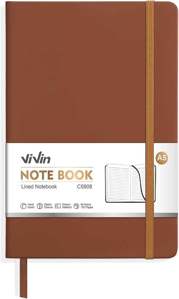 ViVin Lined Journal Notebooks for Work, 192 Pages, Medium 5.5 x 8.3 inch, College Ruled, A5 Hardcover Journaling Notebooks for Writing，Brown，1 Pack