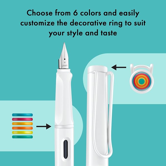Lamy safari multicolor Fountain Pen Set all white – Special Edition with 6 Interchangeable Colored Rings – Steel Nib in Width M – incl. blue Ink Cartridge T10 & Gift Box