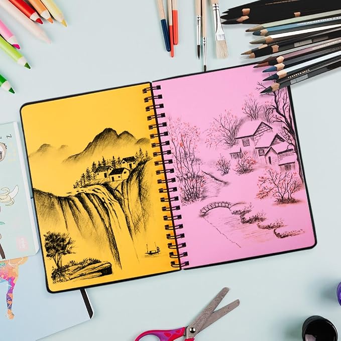 5" x 7" Premium Colored Paper Sketchbook, Spiral Bound Art Journal Sketchbook, 92 Sheets 80 GSM Acid-Free Construction Paper,Mixed Media Sketch Pad for Drawing Coloring Sketching.12 Assorted Colors