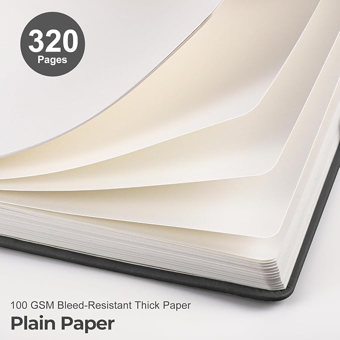 EMSHOI Blank Journal Notebook, 320 Pages, A5 Size (5.7'' x 8.3'') | Leather Hardcover, 100 GSM Thick Paper, Unlined, Plain, for Sketching, Drawing, Painting, Sun Debossed (Black)