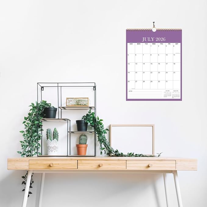 Wall Calendar 2026-2027 - Monthly Calendar 2026-2027 from July 2026 - December 2026, Spiral Binding Hanging Calendar 2026-27 for Home/Office, 12" x 14.5", Purple