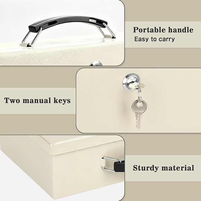 xydled Fire Resistant Safe Fire Safe Box with Key Lock for Home Office Security Storage for Valuables Documents,12.8 x 8.5 x 4.5 Inch,White,Beige