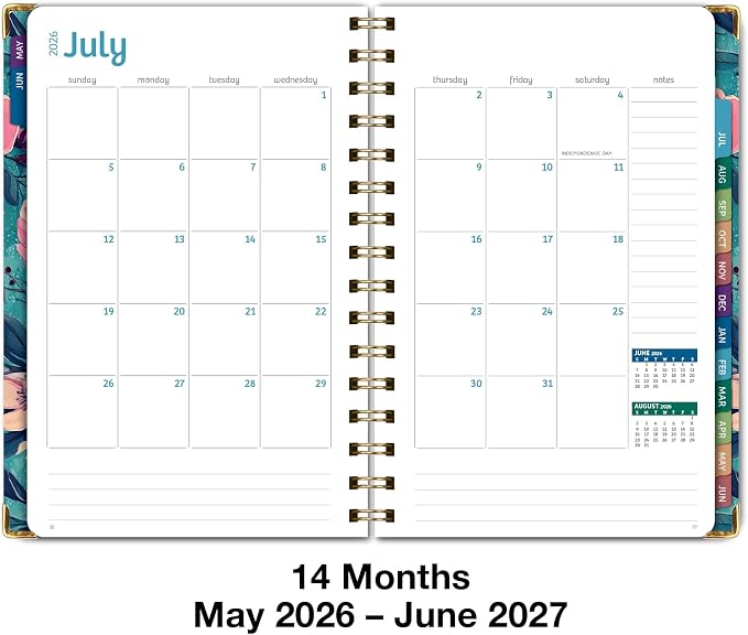 HARDCOVER Academic Year 2026-2027 Planner: 14 Months (May 2026 Through June 2027) 5.5"x 8" Daily Weekly Monthly Planner Yearly Agenda. Bookmark, Pocket Folder and Sticky Note Set (Teal Floral)