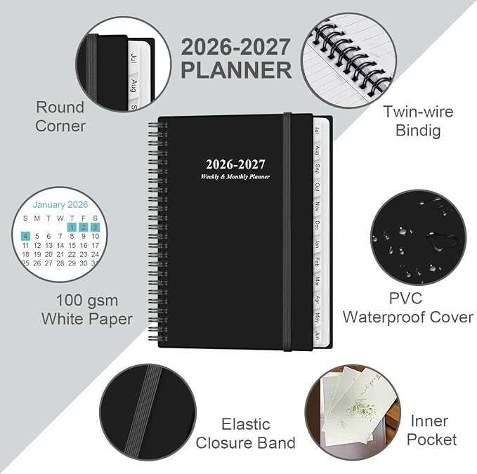Planner 2026-2027 - A5 Weekly & Monthly Planner Spiral Bound, July 2026 - June 2027, with Flexible Cover, Tabs, Inner Pocket, 6.4" x 8.5", Black