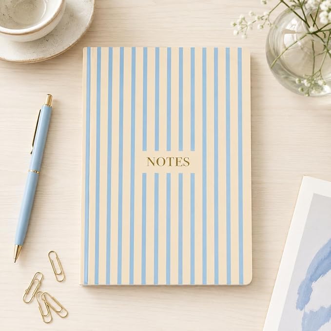 Pearhead Hardcover Journal Notebook 6x8 – Cream & Blue Stripe College-Ruled Writing Journal, 200 Lined Pages for Work, School & Journaling