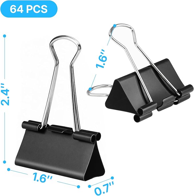 OWLKELA 64 Pack Binder Clips, 1.6 Inch, Black | Large Paper Clamps,Ideal for Home Supplies, School, Office and Business