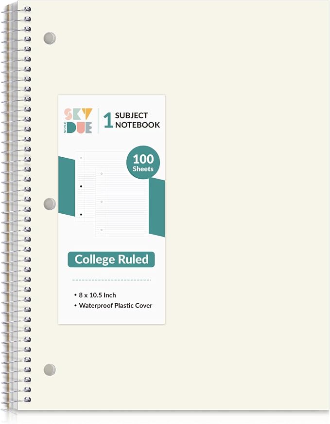 SKYDUE 8"x10.5" Spiral Notebook - College Ruled 100 Sheets, 1 Subject Notebook for School & Office, 3-Hole Punched Paper, Cream