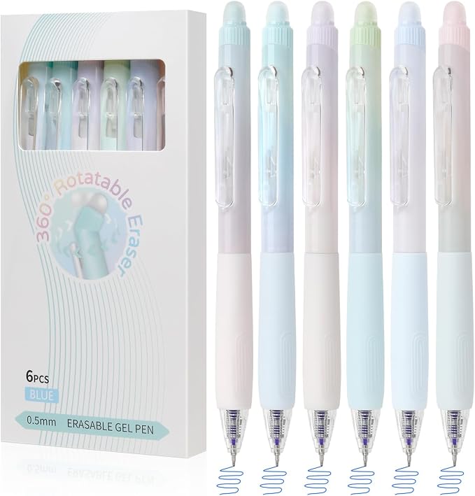 Solati Erasable Pens, 6 Pack Fine Point 0.5mm Blue Erasable Gel Pens with 360°Rotating Erasers, Make Mistakes Disappear, Comfort Grip for Drawing, Writing, Planning, and Crossword Puzzles (Blue Ink)