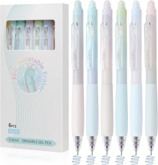 Solati Erasable Pens, 6 Pack Fine Point 0.5mm Blue Erasable Gel Pens with 360°Rotating Erasers, Make Mistakes Disappear, Comfort Grip for Drawing, Writing, Planning, and Crossword Puzzles (Blue Ink)